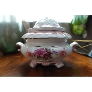 Floral‎ Lidded Candy Dish Trinket Bowl Footed Decor Pink White Gold Accent